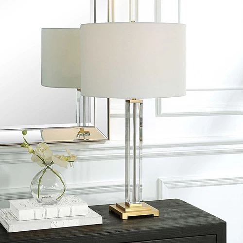 Upscale Minimalist Classic Crystal Column Table Lamp 28 in Square Clear Gold - Picture 2 of 6