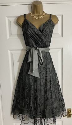 PHASE EIGHT GREY EMBROIDERED LACE FIT FLARE BELT OCCASION DRESS UK