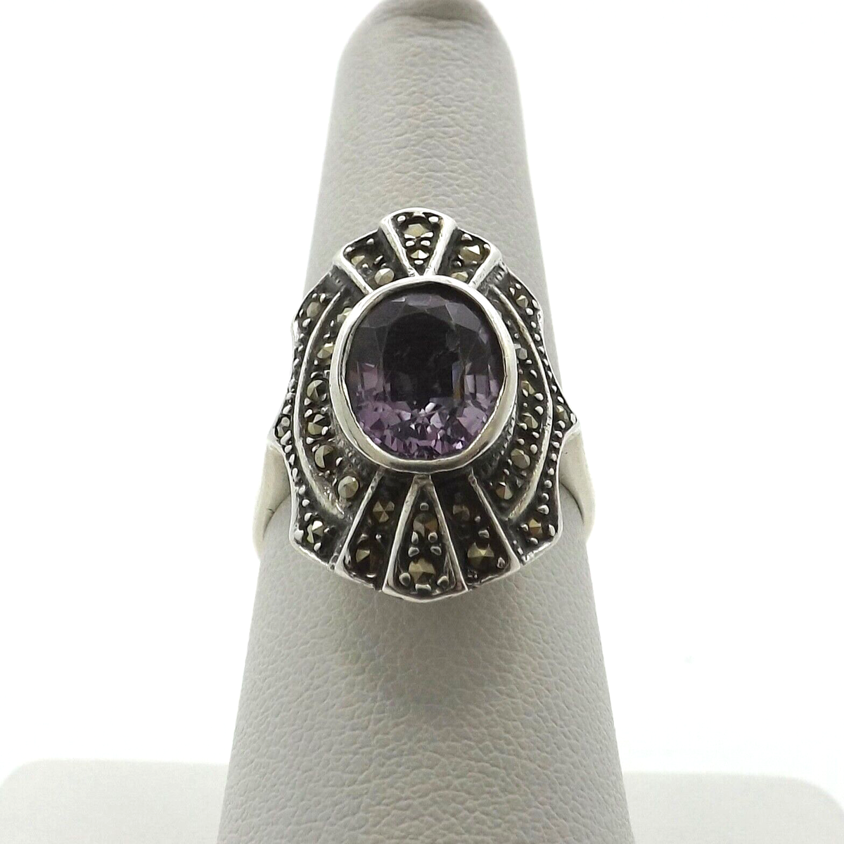 Sterling Silver Amethyst Marcasite Navette Ring Deco Style
