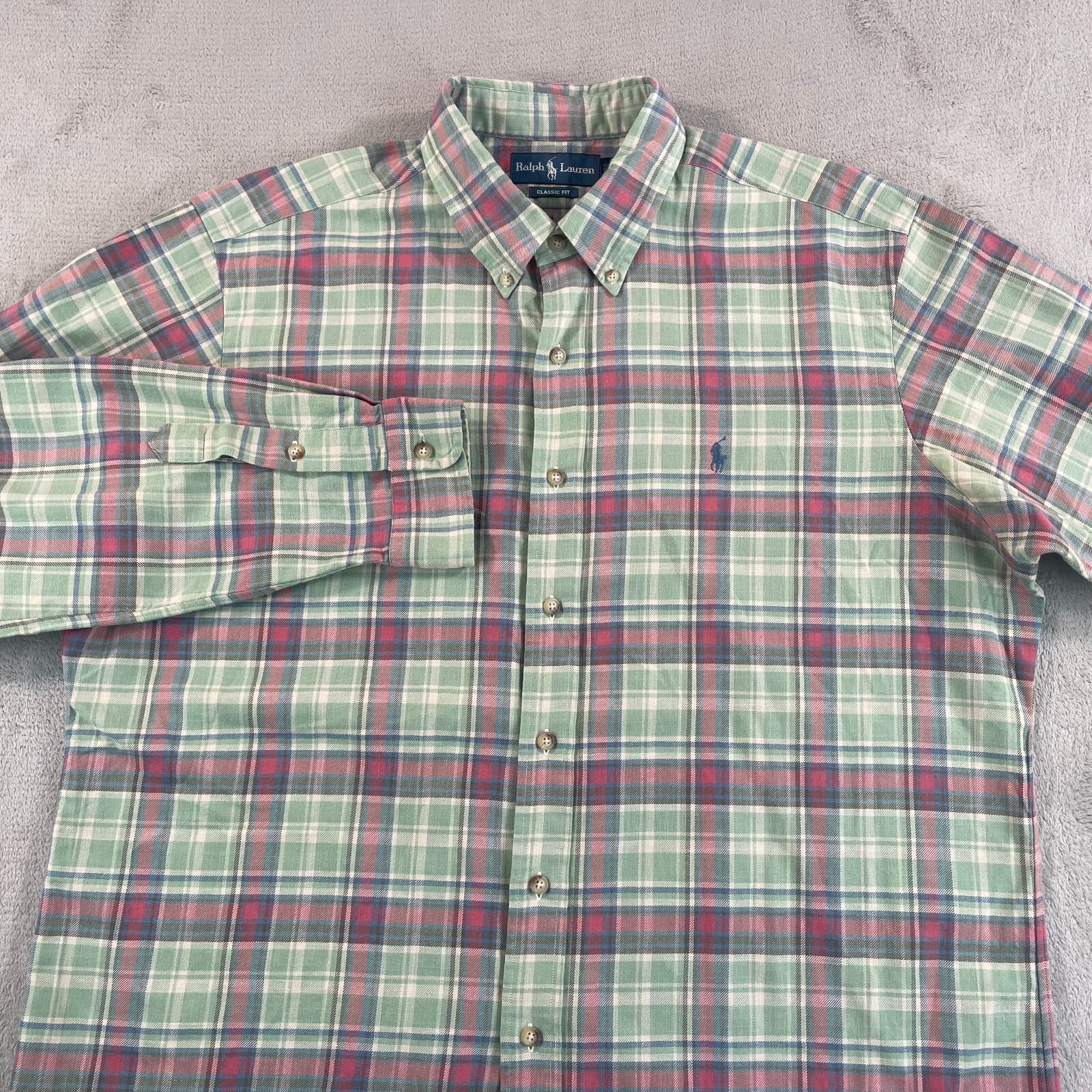 Vintage Polo Ralph Lauren Classic Fit Flannel Shirt Men XL Green Pink Plaid Pony