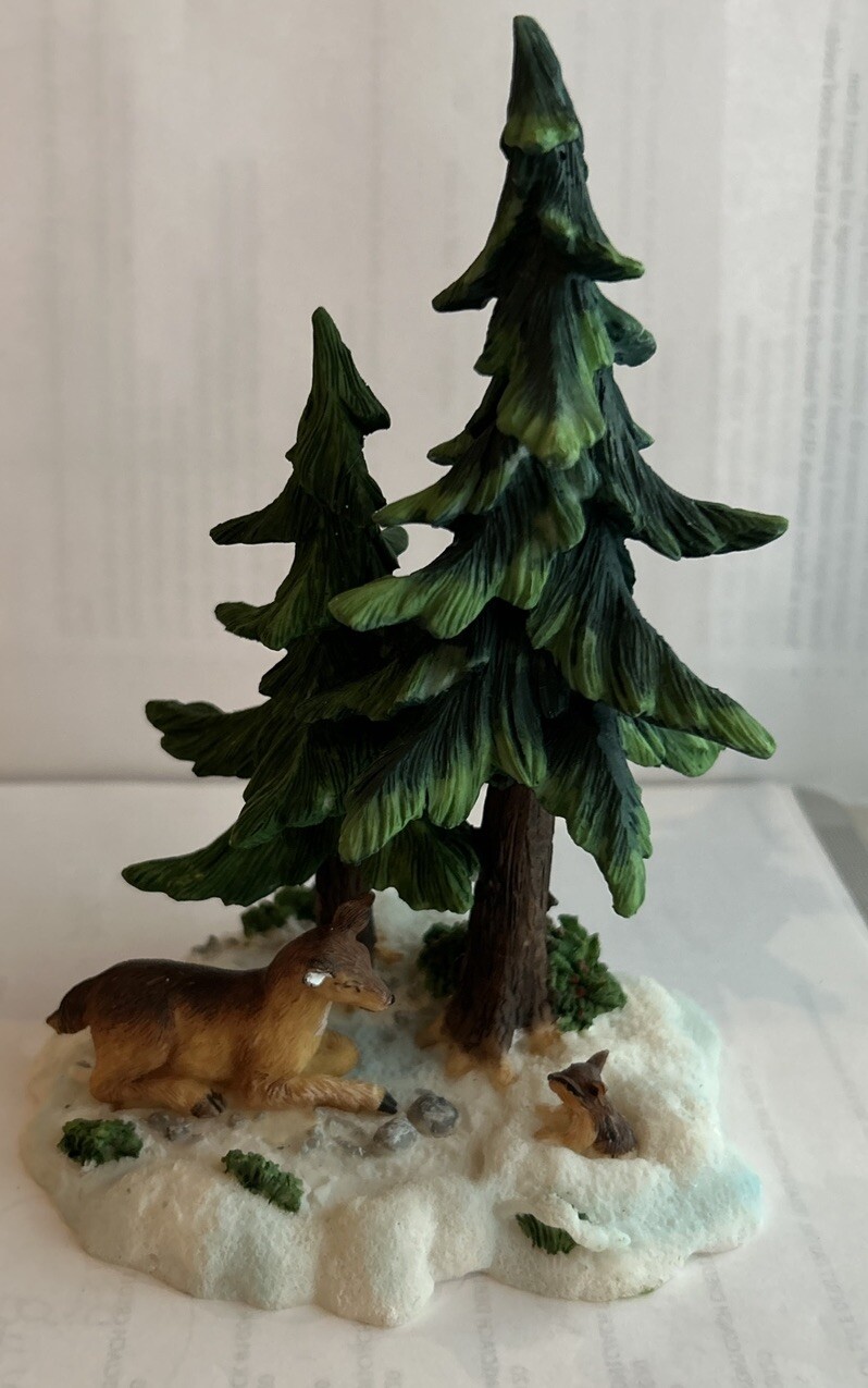 Festive 6.5-Inch Christmas Village Pine Tree with Deer Decoration