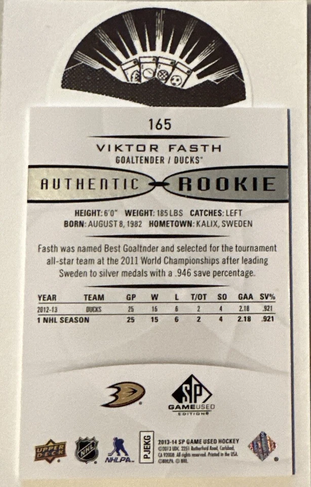 2013-14 SP Game Used Authentic Rookies 12 /30 Viktor Fasth #165 Rookie RC - Image 2 of 4
