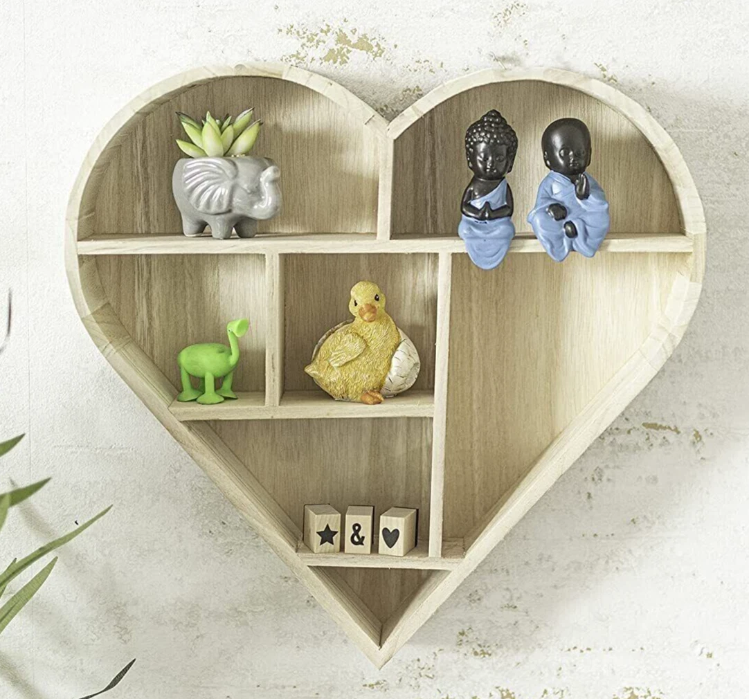 Wooden Heart Shelf Floating Wall Home Decor Bedroom Living Room 7 Compartments