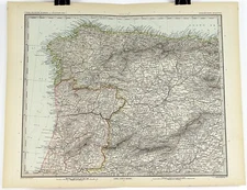 1897 German Map of Spanish Peninsula part 1 from Stieler's Hand Atlas 19 x 15