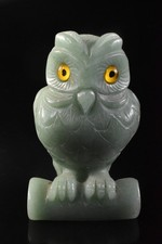 R1361: Japanese Stone jade/jewels Owl STATUE sculpture Ornament Buddhist art
