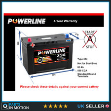 Car Battery 334 Powerline 250 580A 80Ah 4Yr Warranty 305x175x220