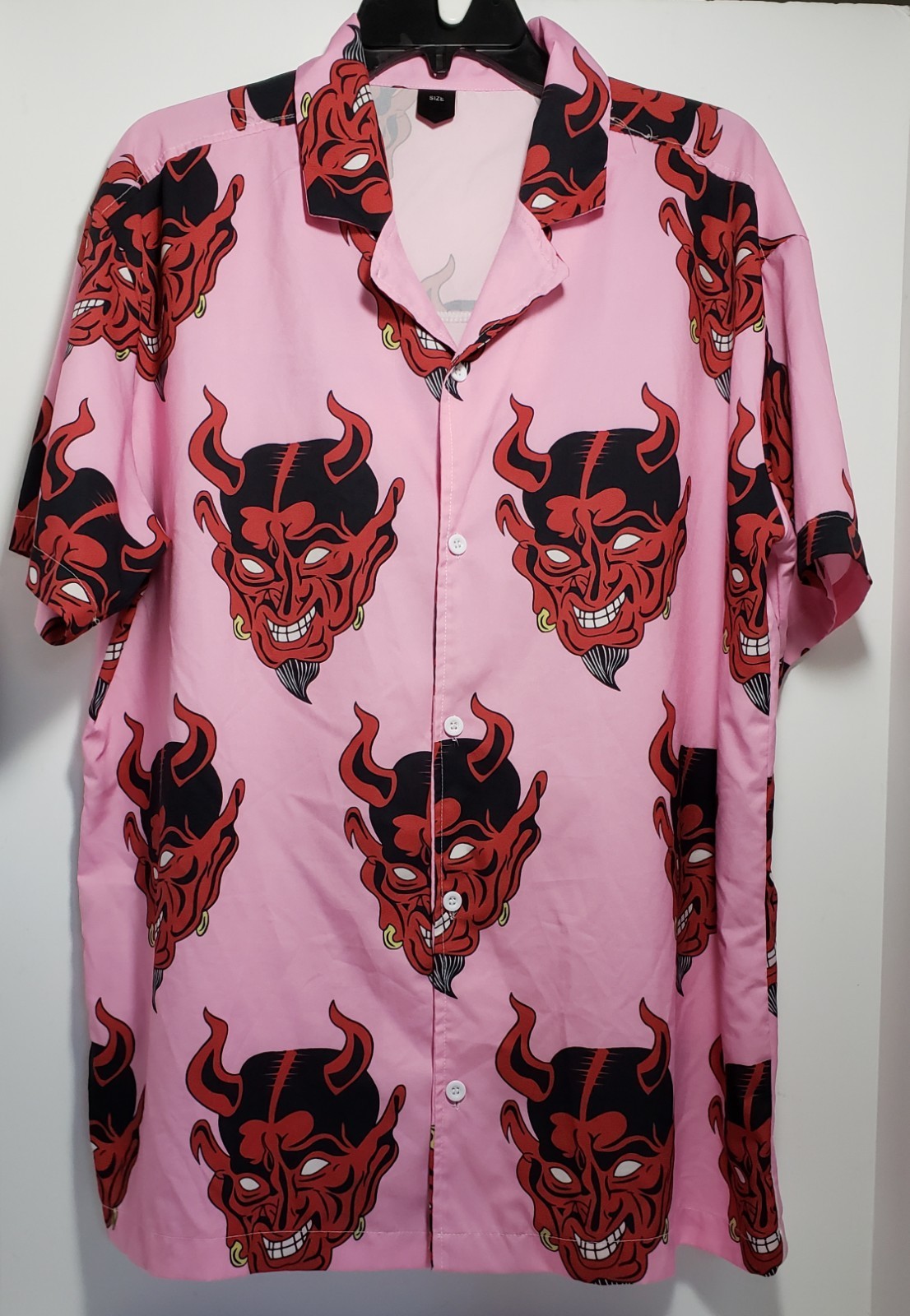 Polyester Pink & Red Devil Button-Down Short Slee… - image 1