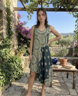 Women s Dress Boho Mandala Asymmetrical Forest Green Hippie Witchy Approx S/M