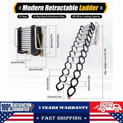 12 Steps Wall Mounted Folding Ladder Loft Stairs White Attic Steps Pull Down  US