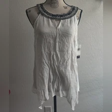 NWT AB Studio White Beaded Necklace collar sleeveless Blouse_Small