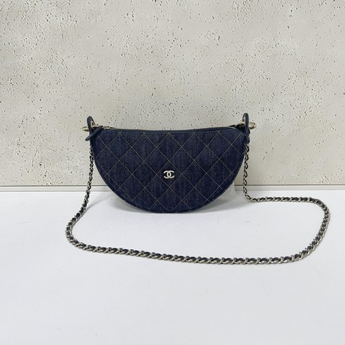 Chanel 26P Denim Crescent Shoulder Bag Quilted Denim Gold Tone Hardware Flap Bag