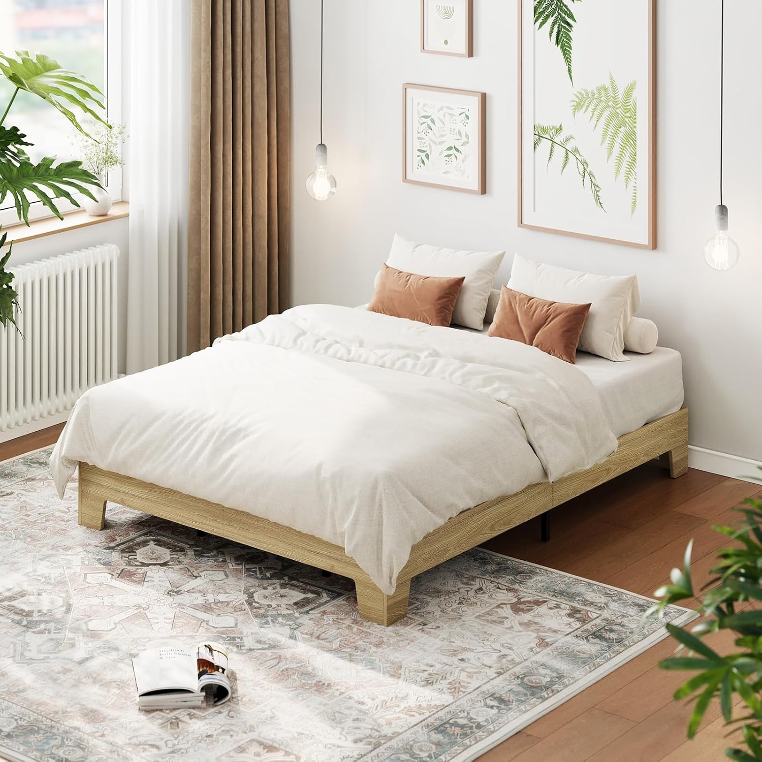Wood Full Size Bed Frame Platform Nature Bed with Strong Wooden Slats Wooden Bed