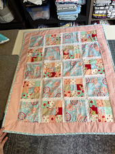 Handmade Multicolor Floral Patchwork Cotton Throw Quilt with Pink Border