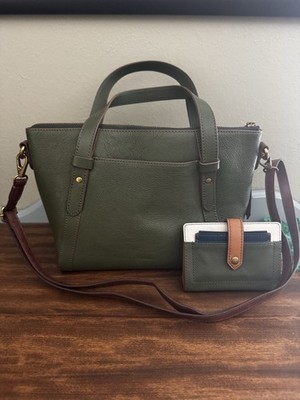 Fossil Pebble Green Leather Crossbody Handbag With Matching Wallet