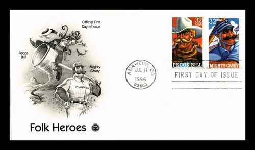DR JIM STAMPS US COVER PECOS BILL AND MIGHTY CASEY FOLK HEROES FDC COMBO