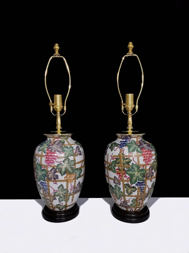 Pair of Vintage Chinese Ginger Jar Lamps Hand Painted Large Porcelain Beige MCM  - Image 2 of 4