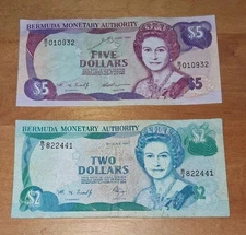 🔥Monetary Authority Bermuda $2 & $5 1997  LOT OF 2 BANKNOTES