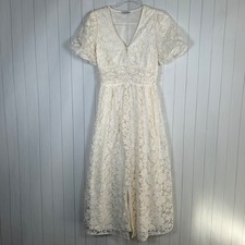 Baltic Born size S Lace maxi dress off white short sleeve v-neck lined bridal