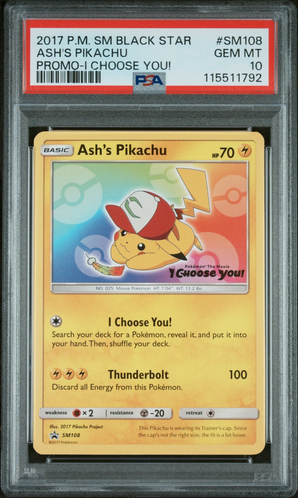 2017 Pokemon SM Black Star Promo Ash's Pikachu #SM108 PSA 10 GEM MINT