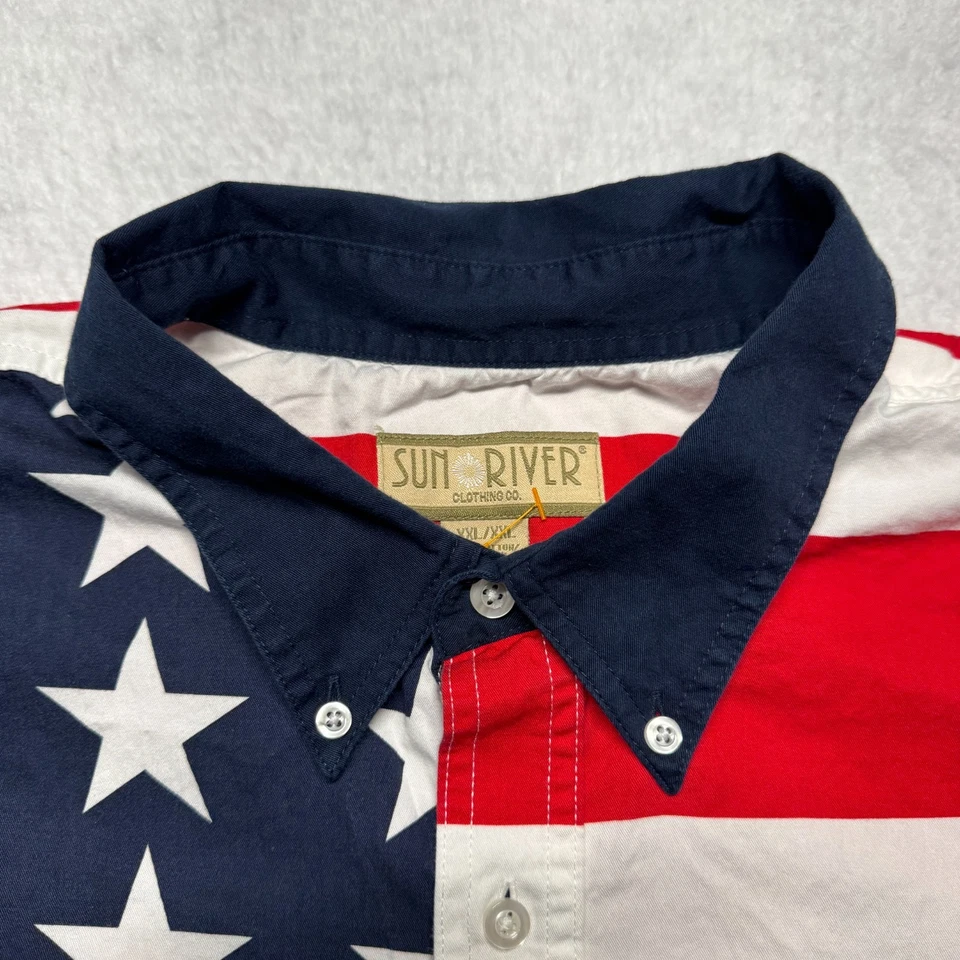 Camisa vintage Sun River roja blanca azul estrellas rayas bandera americana abotonada XXL Foto 2 de 4
