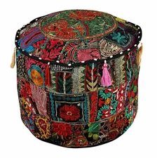 Indian Handmade Black Vintage Pouf Cover Ottoman Patchwork Embroidered Stool