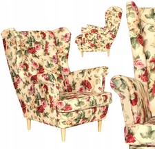 Skandinavischer Ohrensessel mit Printmuster, bunte Rosen, englische Blumen
