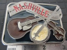 Vintage 1980s NASHVILLE Belt Buckle Enamel Guitar Banjo  Fiddle - Made in USA