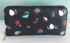 Fossil  Wo's Wallet Black Leather Geometric Print  Zip Around Organizer Clutch