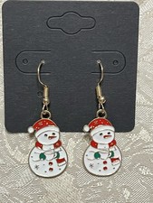 Christmas Snowman Holiday Gold Loop Enamel Drop Dangle Adorable Earring Set
