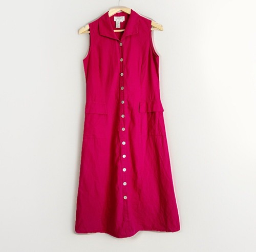 Vintage Talbots Womens Linen Blend Midi Dress Size 6P Pink Full Button Old Money
