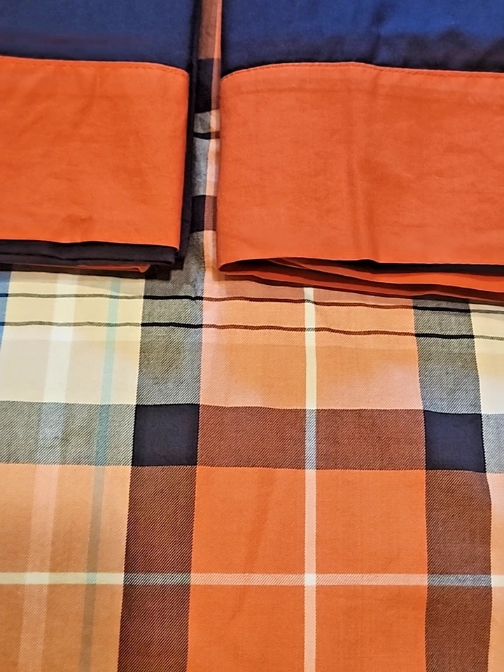 Edredón Pottery Barn Teen y 2 fundas de almohada azul marino y naranja y tostado algodón a cuadros PB Foto 3 de 4