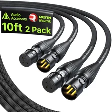 XLR Cables 10Ft 2 Pack, Neutrik REAN Gold-Pin Connectors, Kevlar-Reinforced Nylo