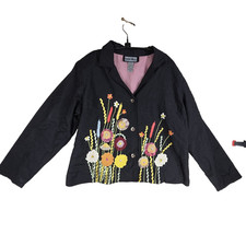 Indigo Moon Jacket Blazer Womens XL Black Floral Embroidery Art Lagenlook Casual