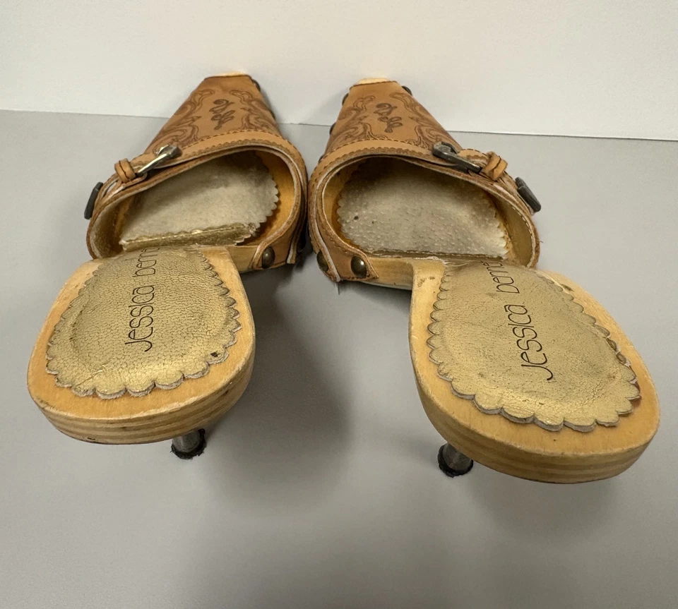 VTG Jessica Bennett Western Style  Leather Tooled Design Mules Stiletto Heels 6M - Image 2 of 4