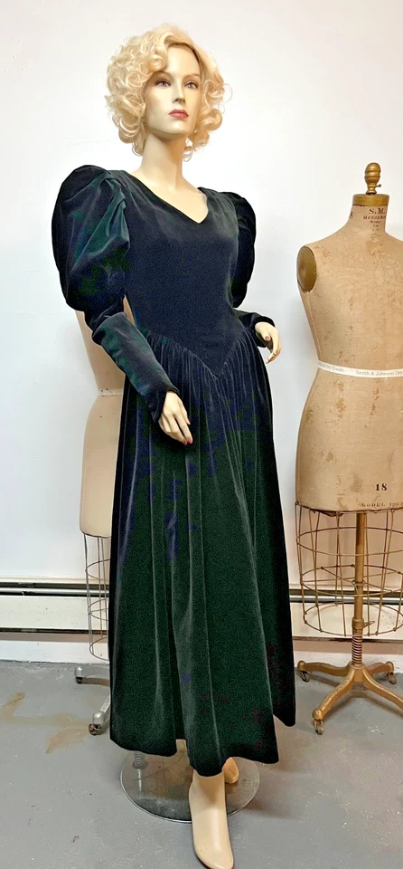 Vintage J Peterman Stuart Era Cotton Velvet Velour Gown Dress Size 6 Bust 34-36 - Image 2 of 4