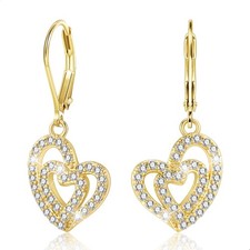 14K Gold Heart Leverback Earrings for Women,Cubic Zirconia Gold Drop Dangle E...