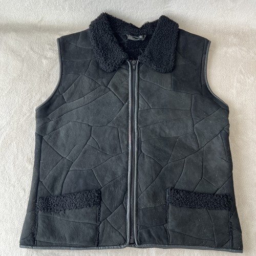 Vintage Suede Patchwork Vest Women’s Small Black NZ Lambskin Shearling Leather