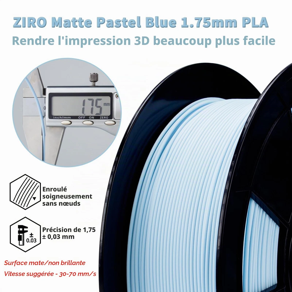 Mat Filament pour Imprimante 3D Mat PLA 1.75mm 1 kg Mat-Bleu Pastel