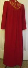 Vanity Fair S Red Embroidered Gold Floral Velour Long Gown Robe Housecoat Zip