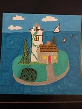 G.A.Titan Acrylic PAINTING Original Impressionism Whimsical Seascape Lighthouse 