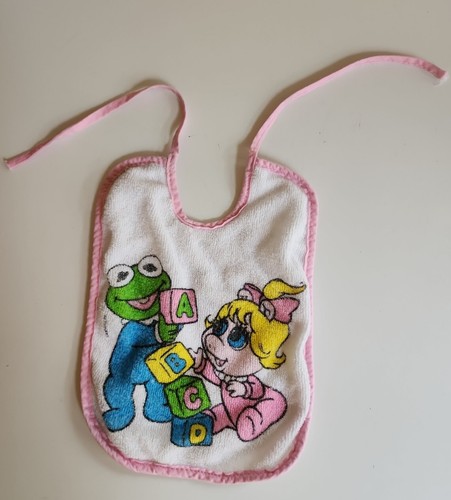 Vtg Muppet Babies BABY GIRL Kermit Frog Piggy INFANT BIB Plastic Back TIE BACK