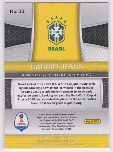 2018 Prizm World Cup Soccer Gabriel Jesus Card # 32 Brazil & Manchester City - Picture 2 of 2