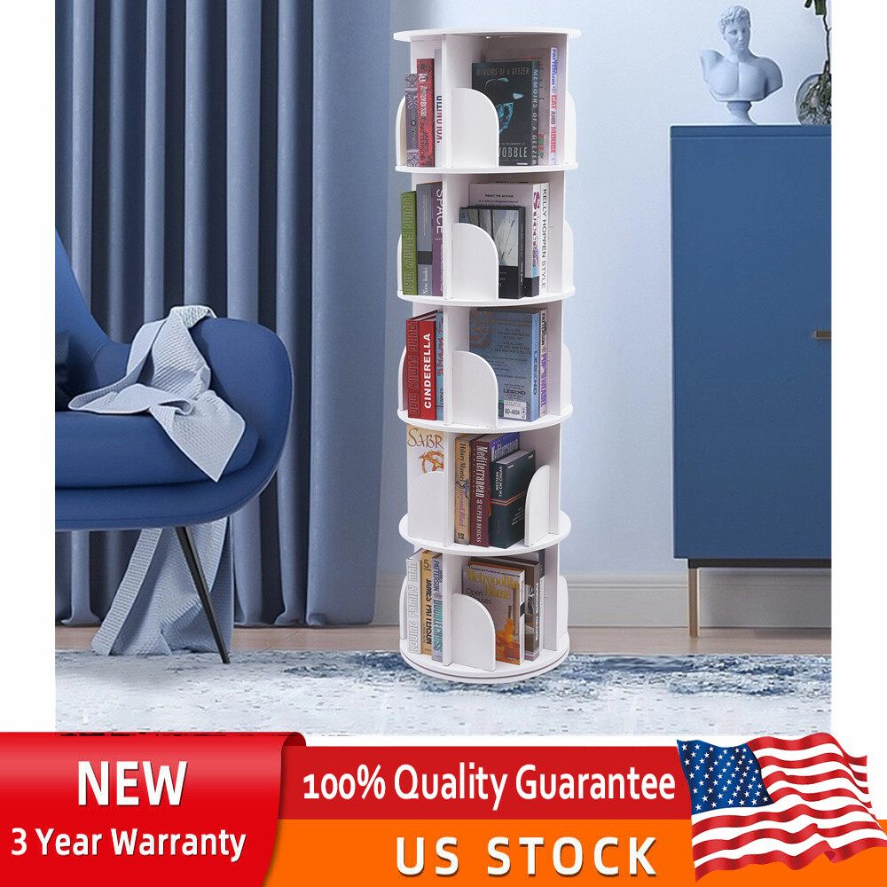360° Rotating 5 Tiers Bookshelf Bookcase Storage Shelf Freestanding Display Rack