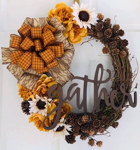 新鲜葡萄藤花环与向日葵松果毛莨花束丝带模板 Ebay