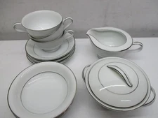 Noritake China Envoy White Platinum Trim Sugar-Creamer-Cups-Saucers-Berry Bowls