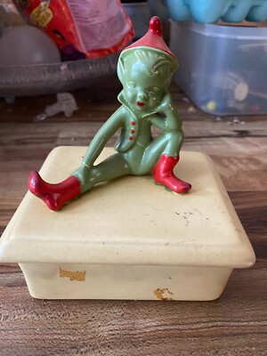 Vintage Green Face Pixie Elf Sitting on Yellow Covered Trinket Dish RARE