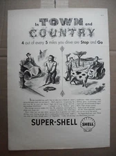 VTG 1937 Original Magazine Ad Shell Gas Gasoline In Town & Country Cow Car BW