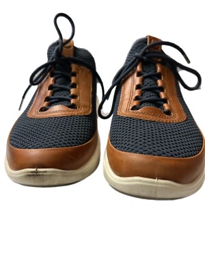 ECCO Mens Sport Shoe Navy Weave Caramel Leather Trim Danish Sz ECCO SOFT 7 Navy Weave Mesh Cognac Leather | Mercari main image 4