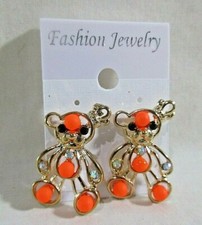 Gold Tone Teddy Bear Pierced Earrings Orange Sets with Blue and Clear Rhinestone