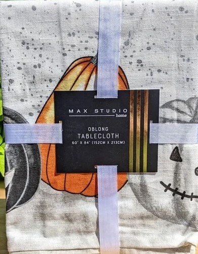 Fabric Tablecloth, 60"x84" Oblong, PUMPKINS & JACK O LANTERN BORDER, Max Studio - Picture 2 of 4